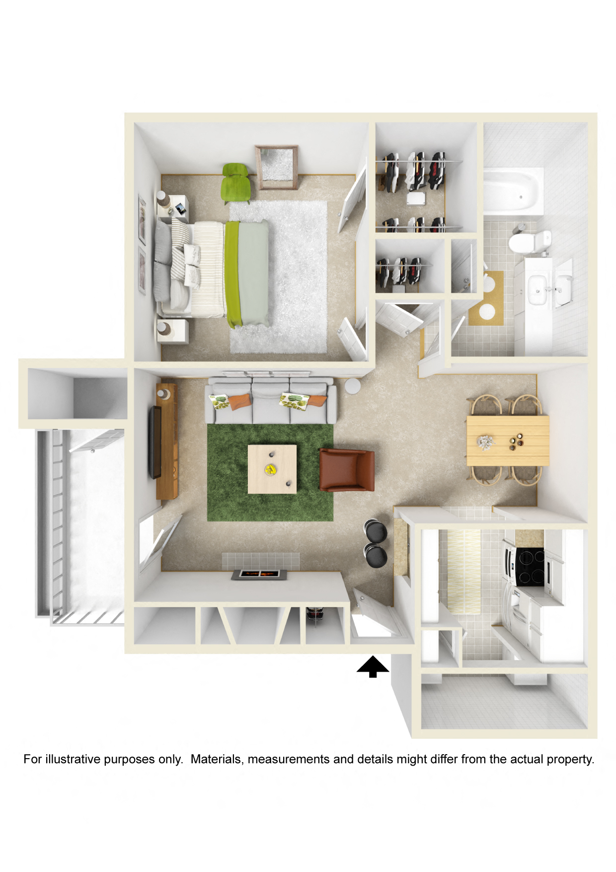 Floor plan for 1 bed, 1 bath, 730 sqft